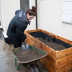 Young person shovelling top soil from a wheelbarrow into a newly made planter.