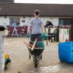 Young person bringing out a wheelbarrow of wood from St James City Farm.