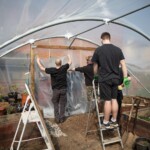 A young person standing on a ladder helping Jon and a participant put the new cover on the polytunnel doors.