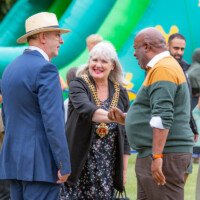 Mayor of Gloucester, Lorraine Campbell, chatting with people working at the cultural fayre.