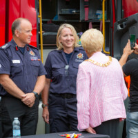 Sheriff of Gloucester, Pam Tracey, talking with the fire service at the 2024 cultural fayre.